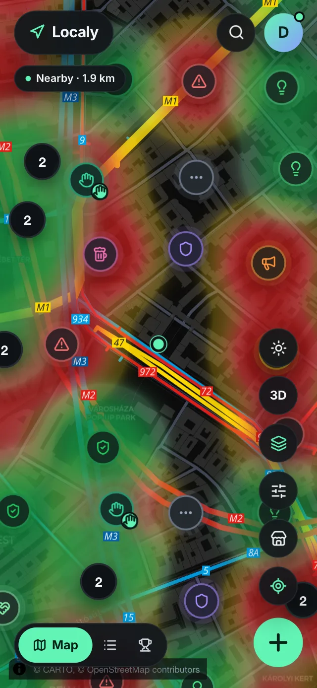 The Localy map of central Budapest, full of fresh reports and a heatmap
