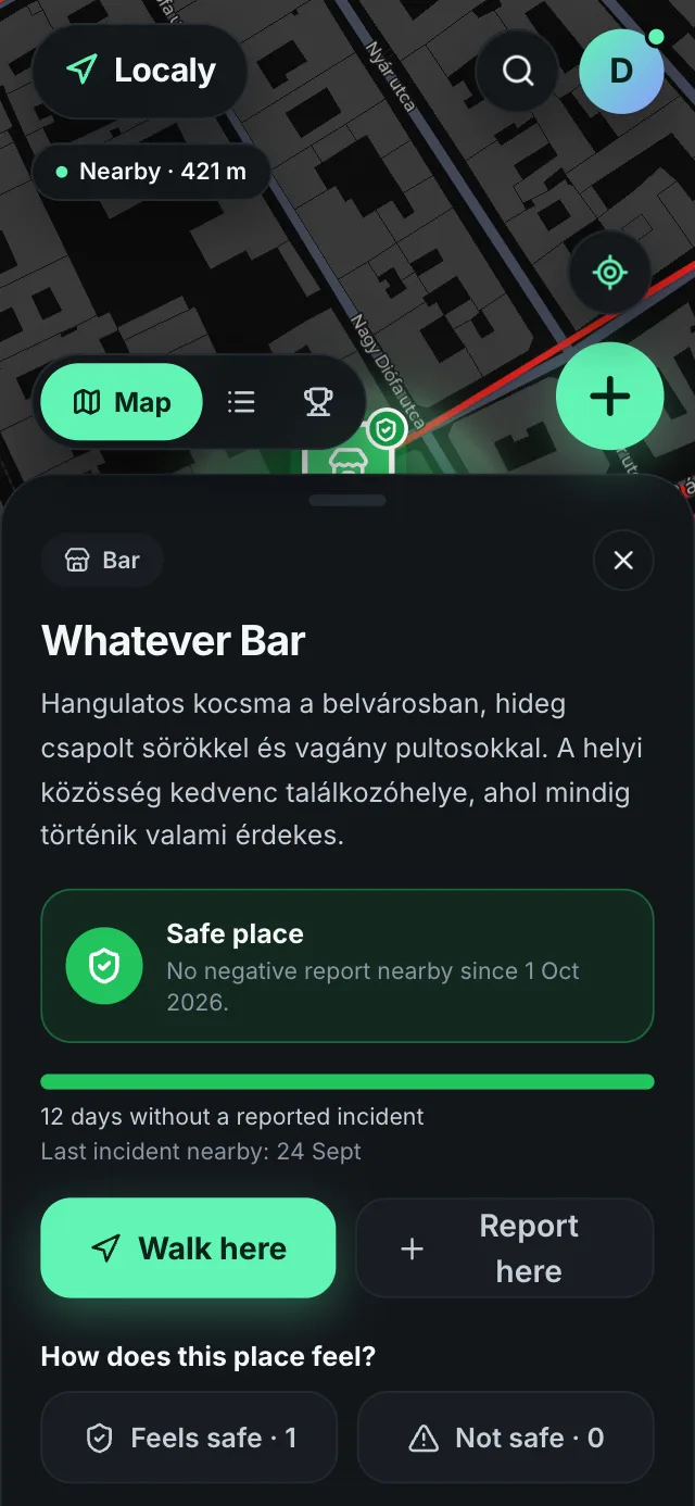 A partner venue page with the Safe place badge