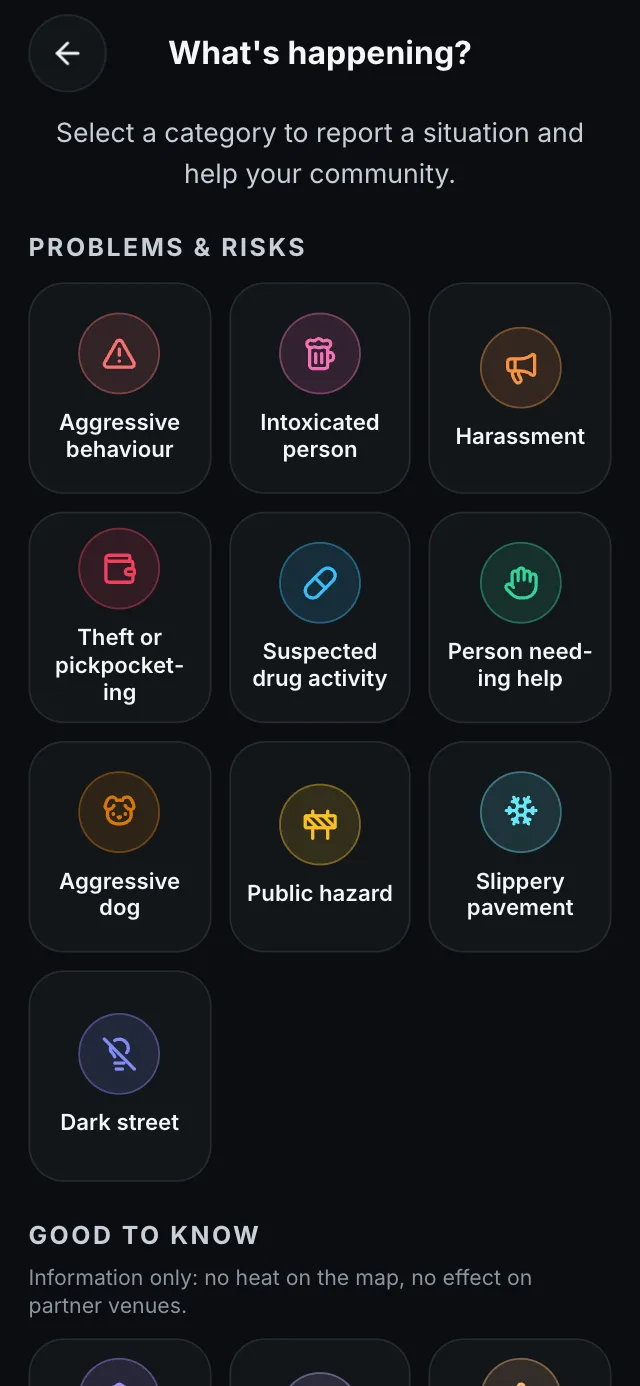 The new report screen with its categories