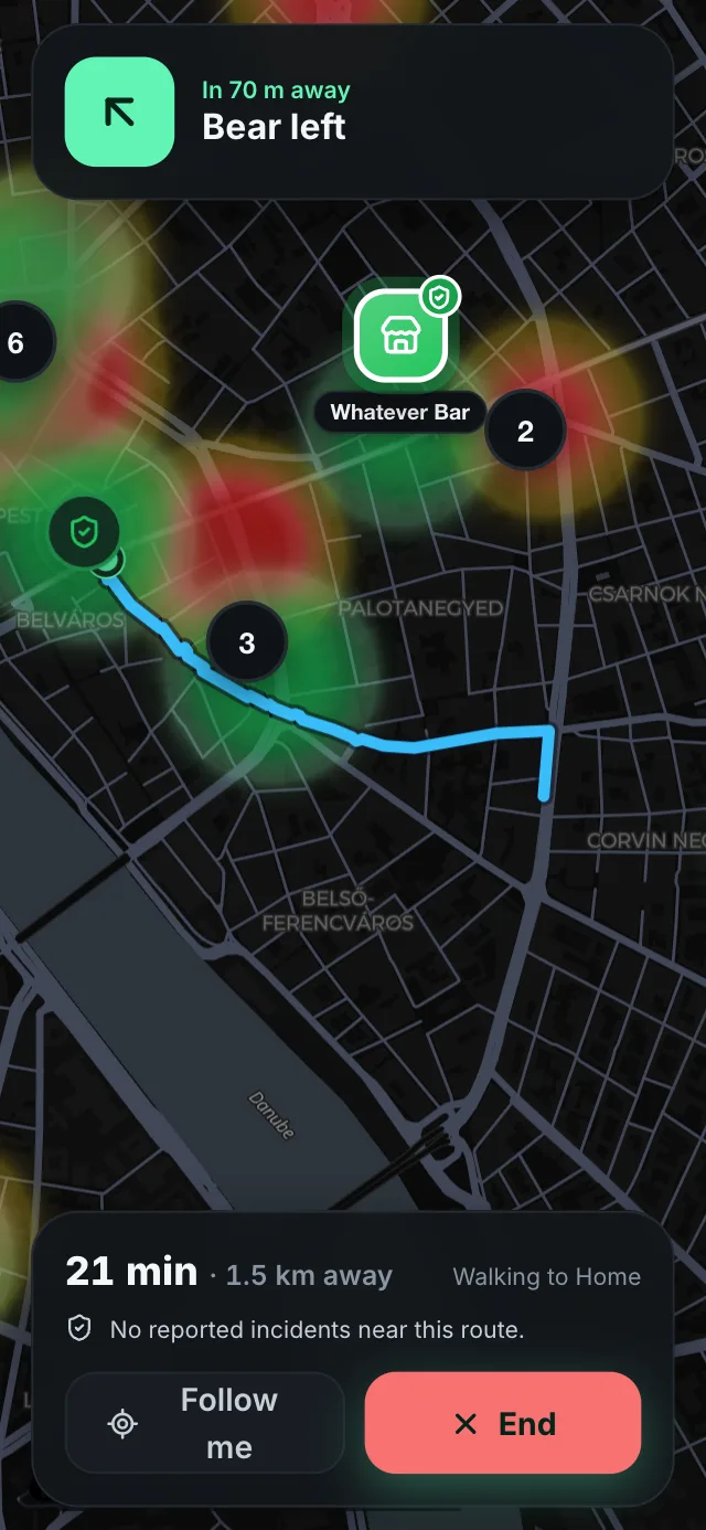 Walking navigation home on a route with no reported incidents